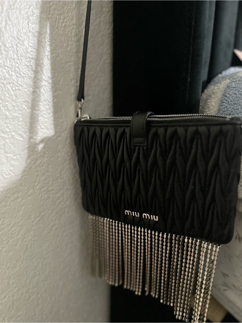 Miu Miu Black Quilted Crossbody with Silver Fringe